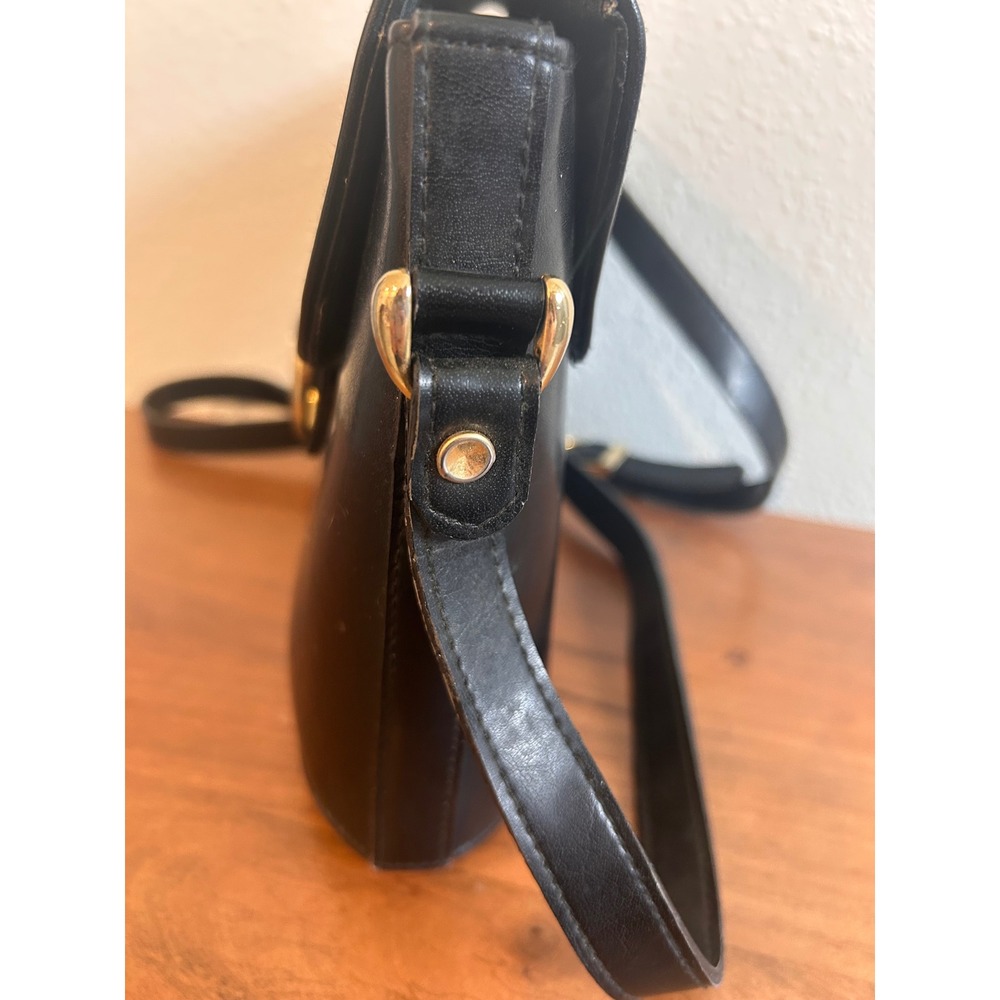 Vintage Black Leather Equestrian Crossbody Bag Horse Crest Gold Hardware - Picture 4 of 10
